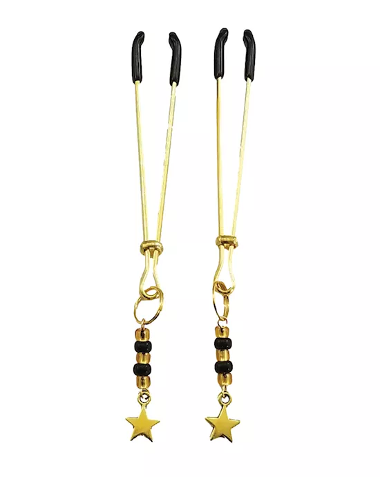 Bijoux de Nip Tweezer Nipple Clamp w/Black & Gold Beads w/Star - Gold