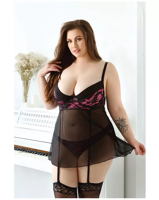 Curve Madison Soft Cup Babydoll w/Garters & Panty Black/Pink 1X/2X