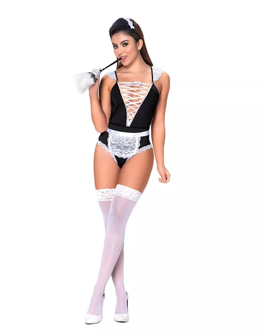 3 pc French Maid Bodysuit, Apron & Head Piece Black/White M/L