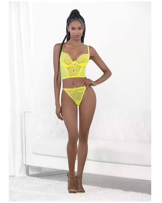 Neon Lace Corset Top w/Ring Accent & Panty Neon Lime SM