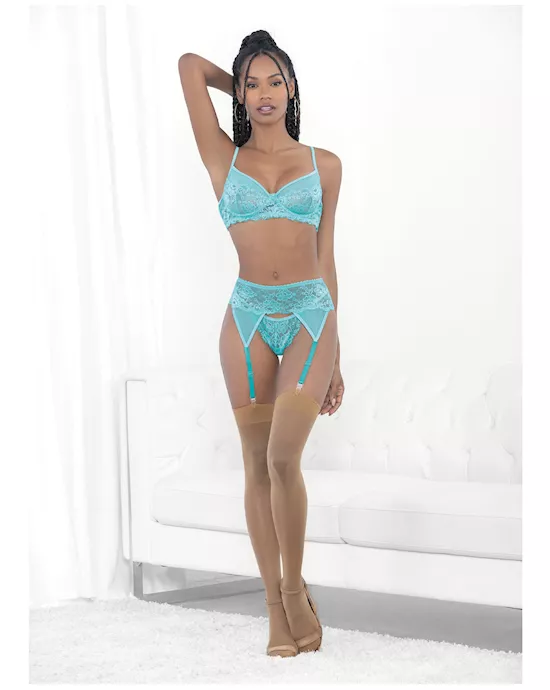 Lace & Mesh Underwire Bra, Garterbelt & G-String Malibu Blue SM
