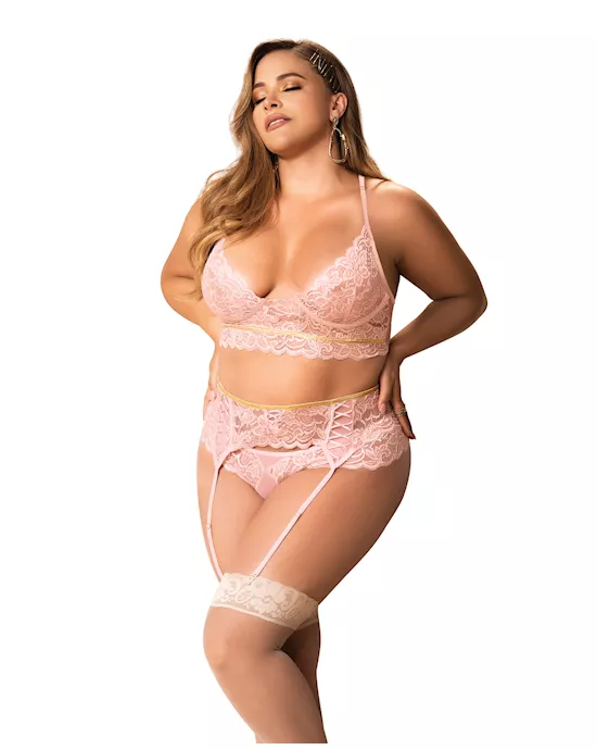 Lace Underwire Bra, Thong & Garterbelt w/Lace Up Detail Rose 2X/3X
