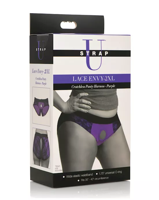 Strap U Lace Envy Crotchless Panty Harness - 2XL Purple