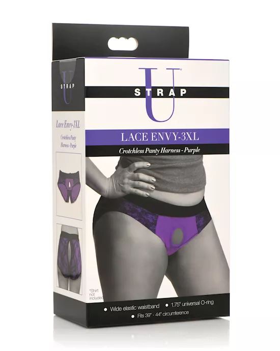 Strap U Lace Envy Crotchless Panty Harness - 3XL Purple
