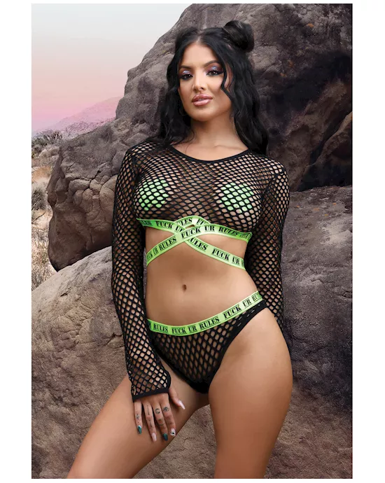 Vibes Fuck Ur Rules Long Sleeve Crop Top, Panty & Pasties Black/Green M/L