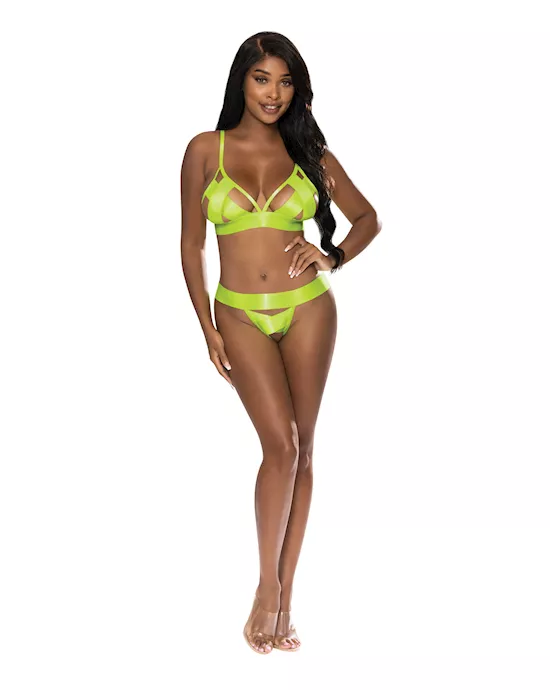 Strap-Tease Bra & Crotchless Panty Neon Yellow S/M
