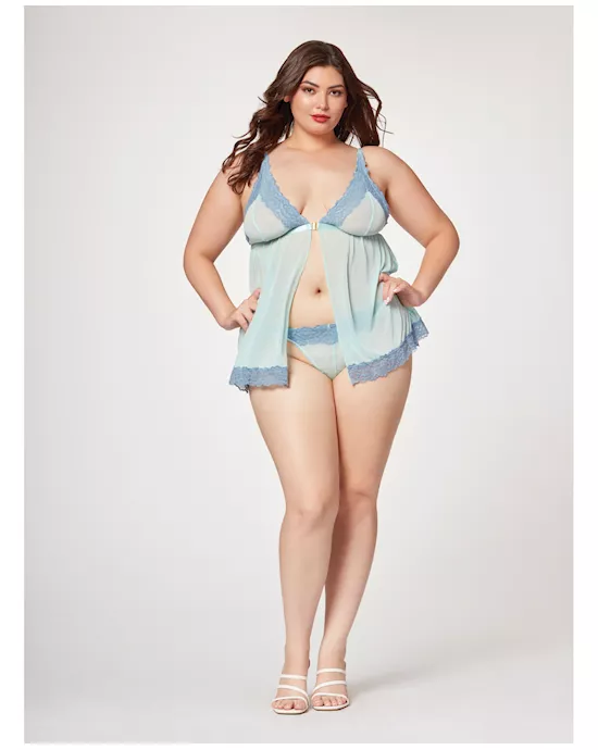Lace & Mesh Triangle Cup Babydoll & Thong Blue 1X/2X