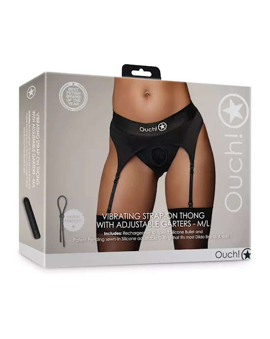Shots Ouch Vibrating Strap On Thong w/Adjustable Garters - Black M/L