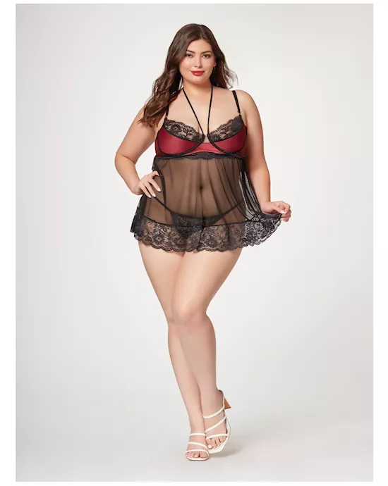 Satin & Lace Halter Demi Cup Babydoll & Thong Black/Wine 3X/4X