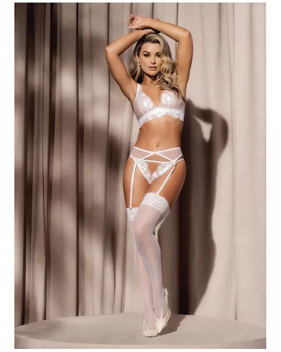 Floral Lace & Mesh Top, Garter Belt & Peek A Boo Panty White MD