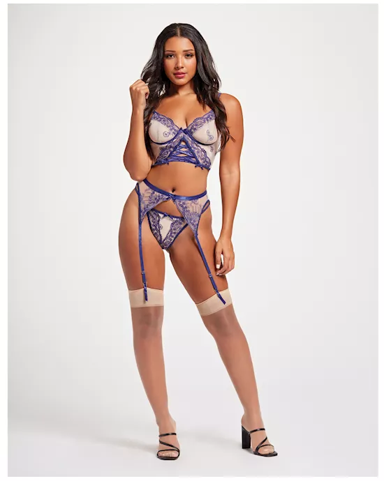 Sheer Stretch Mesh w/Floral Contrast Embroidery Bustier, Garter Belt & Thong Blue/Nude LG
