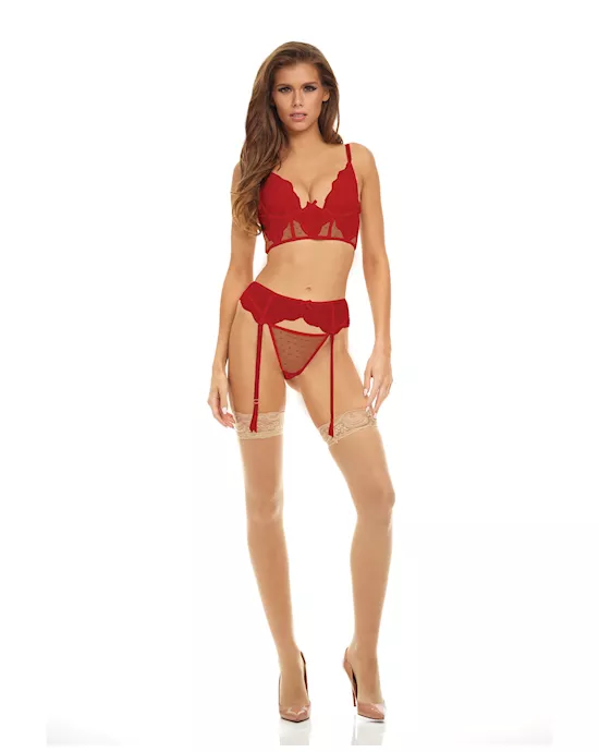 Bombshell Boudoir Lace & Mesh Peek A Boo Wire Bra, Garter Belt & G-String Red MD
