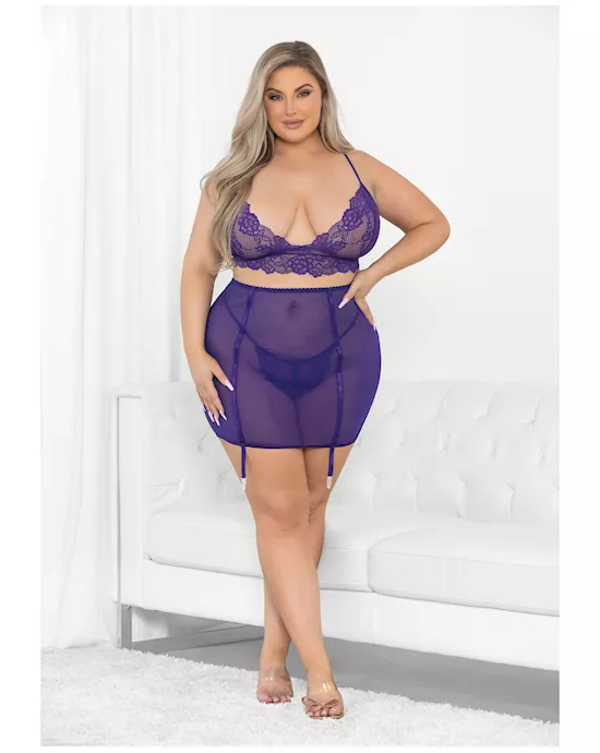 Lace & Mesh Long Line Bra, Garter Skirt & G-String Midnight Purple 3X