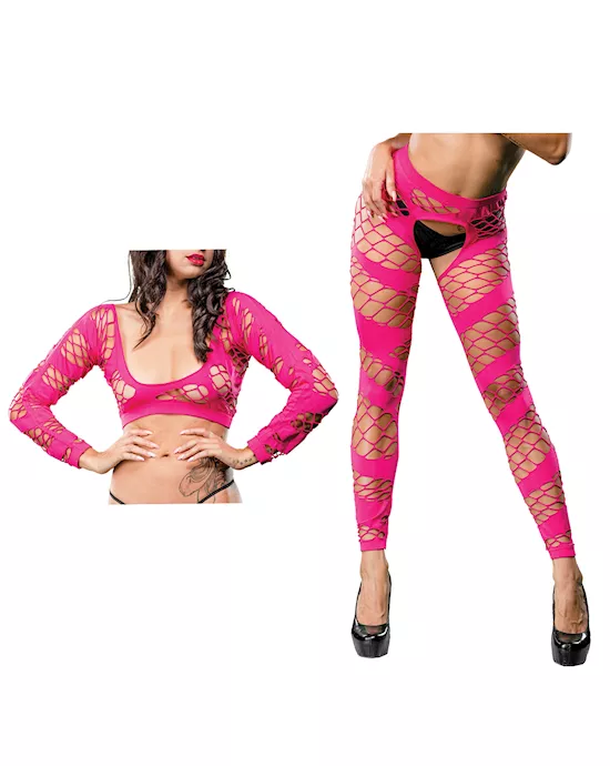 Beverly Hills Naughty Girl Crotchless Mesh & Fishnet Leggings Pink O/S