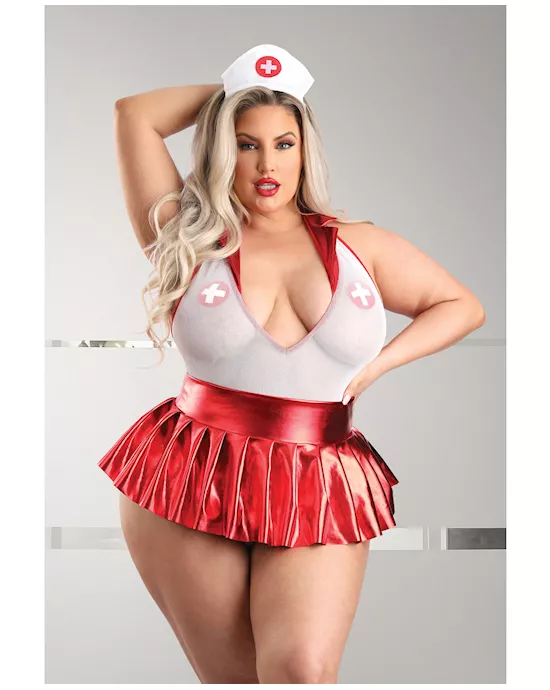 Play Pulse Check Collared Teddy w/Open Back, Pleated Skirt, Medic Hat & Pasties Red/White 3X/4X