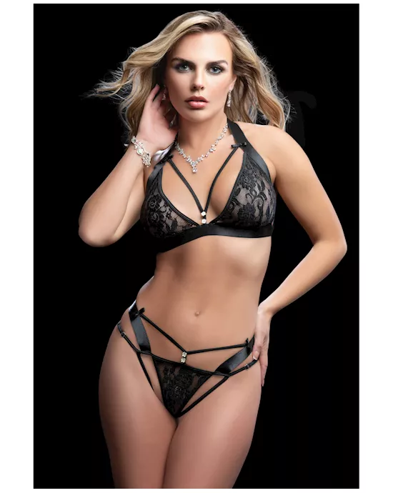 Wide Strap Halter Bra w/Cut Outs & Thong Black O/S