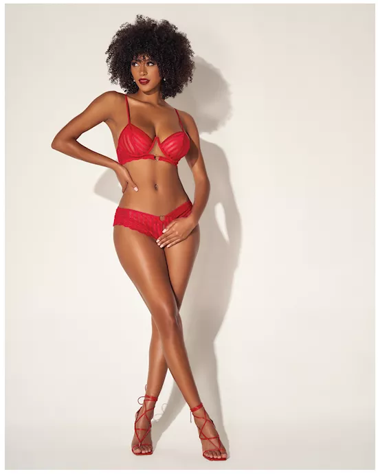 Shadow Stripe Underwire Top w/Heart Detail & Crotchless Bottom Red S/M