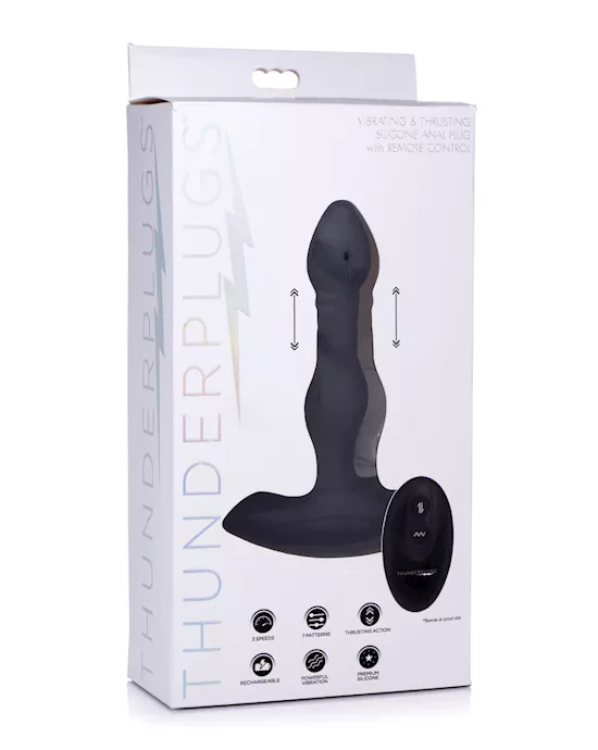ThunderPlugs Silicone Vibrating & Thrusting Plug w/Remote - Black