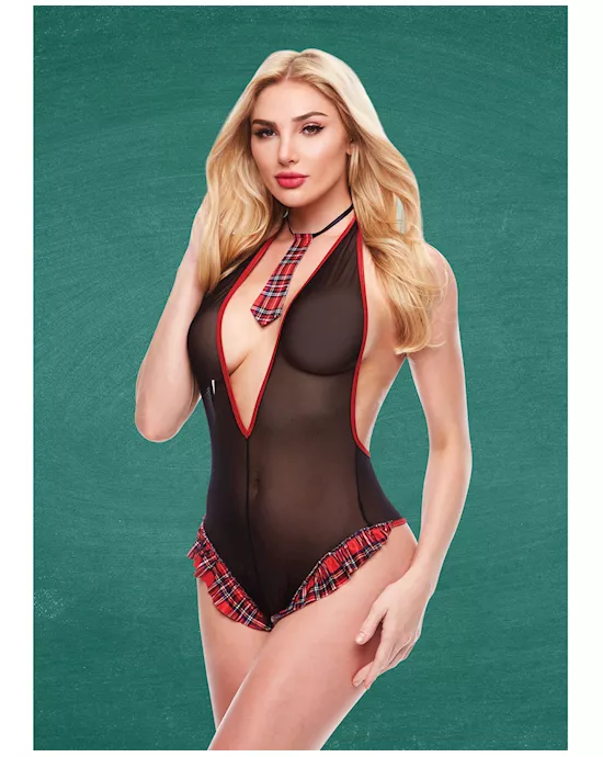 Teacher's Pet Schoolgirl See Thru Crotchless Teddy w/Tie Black/Red S/M