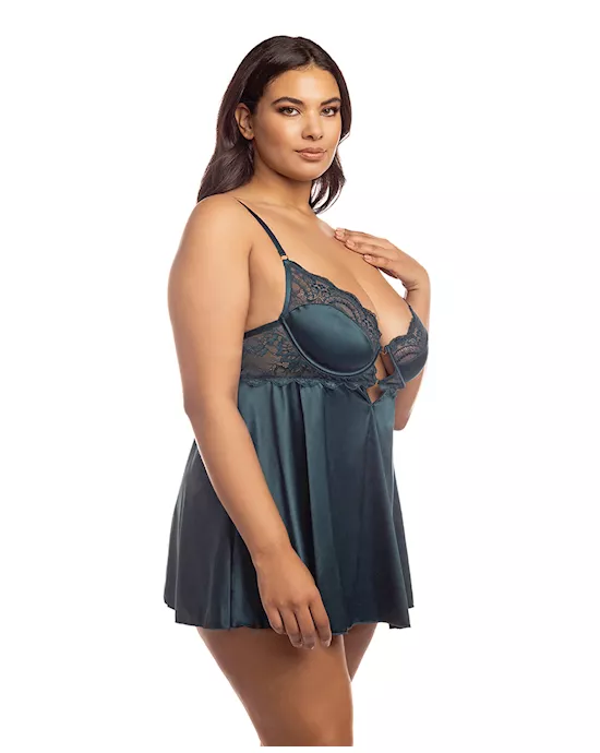 Diana Satin & Lace Babydoll w/Ring & Keyhole Detail Reflecting Pond 1X