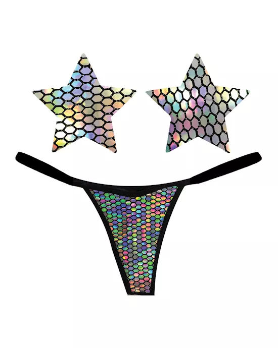 Neva Nude Naughty Knix Mirrored Mayhem Holographic G-String & Pasties - Black O/S