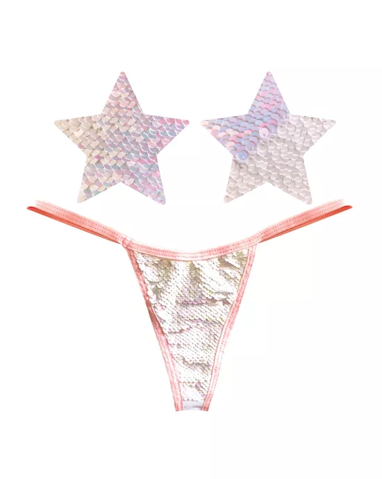 Neva Nude Naughty Knix Princess Bride Flip Sequin G-String & Pasties - Pink/White O/S