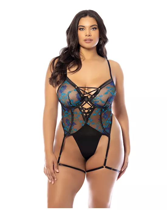 Lola Unlined Underwire Embroidered Teddy w/Attached Garter Stays - Black 1X