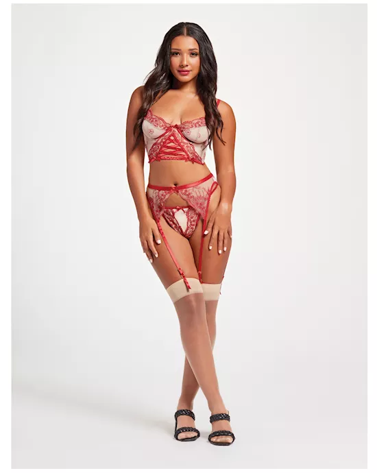 Sheer Stretch Mesh w/Floral Contrast Embroidery Bustier, Garter Belt & Thong Red/Nude LG