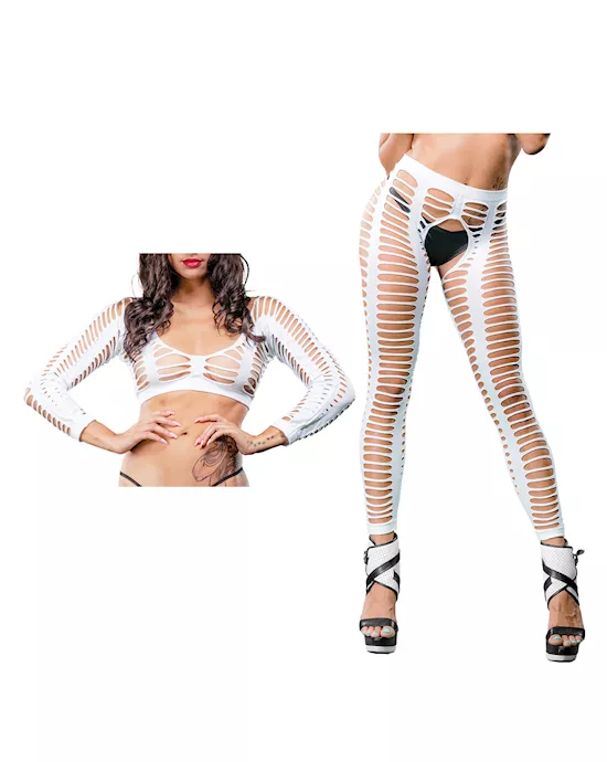 Beverly Hills Naughty Girl Crotchless All Over Straps Mesh Leggings White O/S