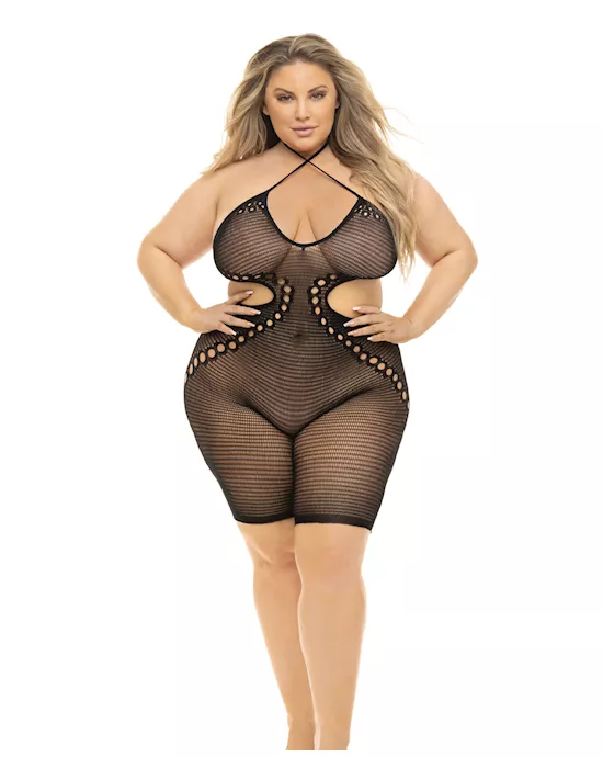 Pink Lipstick Fill Me in Bodystocking Black QN