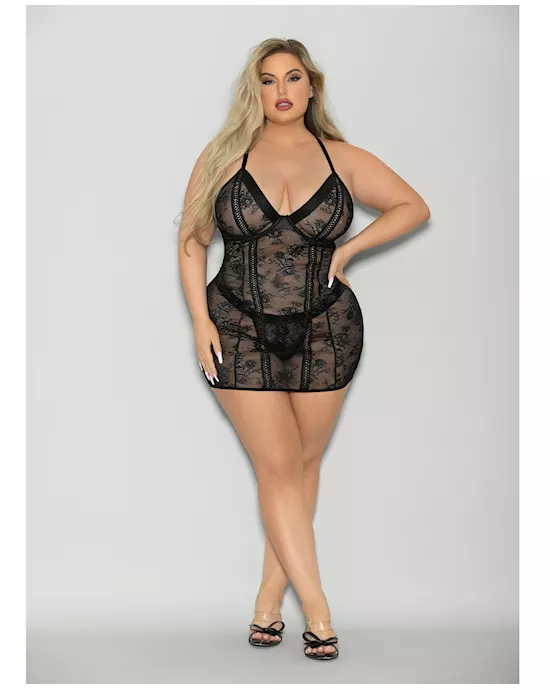 Flame Fetish Boss Lady Lace Up Back Chemise & Wide Band Thong Black 1X/2X