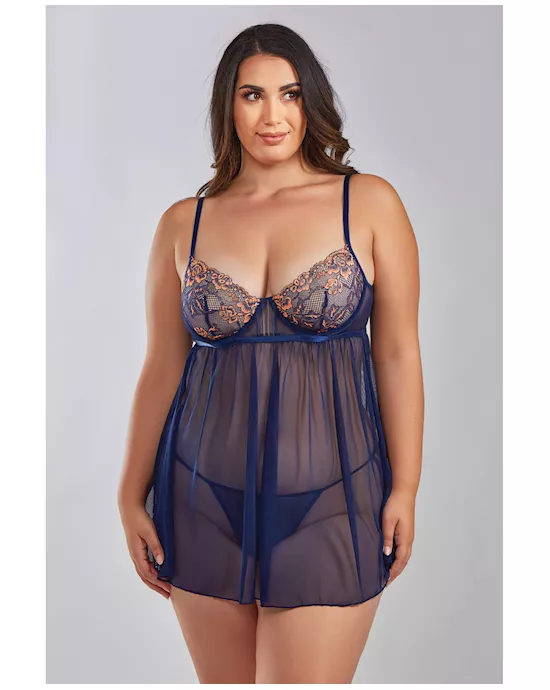 Jennie Cross Dyed Galloon Lace & Mesh Babydoll Navy 1X