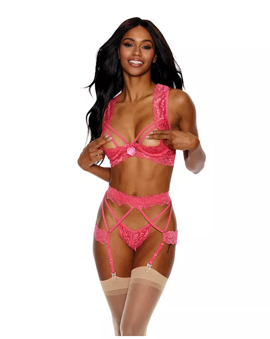 Lace Underwire Peek a Boo Bra, Garterbelt & G-String Coral SM