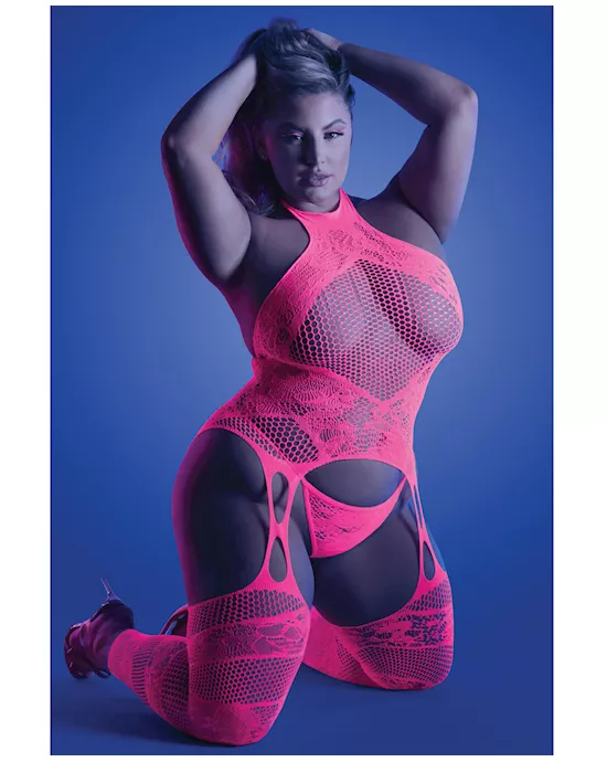 Glow Captivating Halter Bodystocking & G-String Neon Pink QN