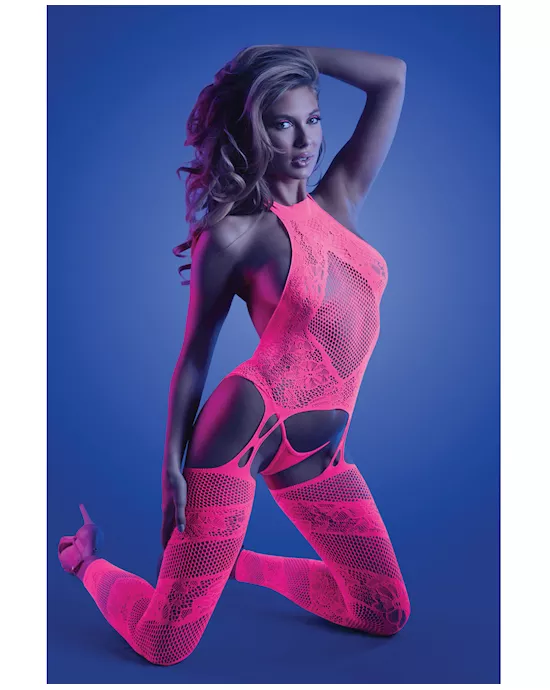Glow Captivating Halter Bodystocking & G-String Neon Pink O/S