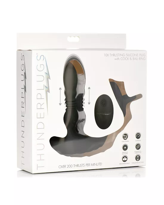 ThunderPlugs 10X Thrusting Silicone Vibrator w/Cock & Ball Strap & Remote - Black